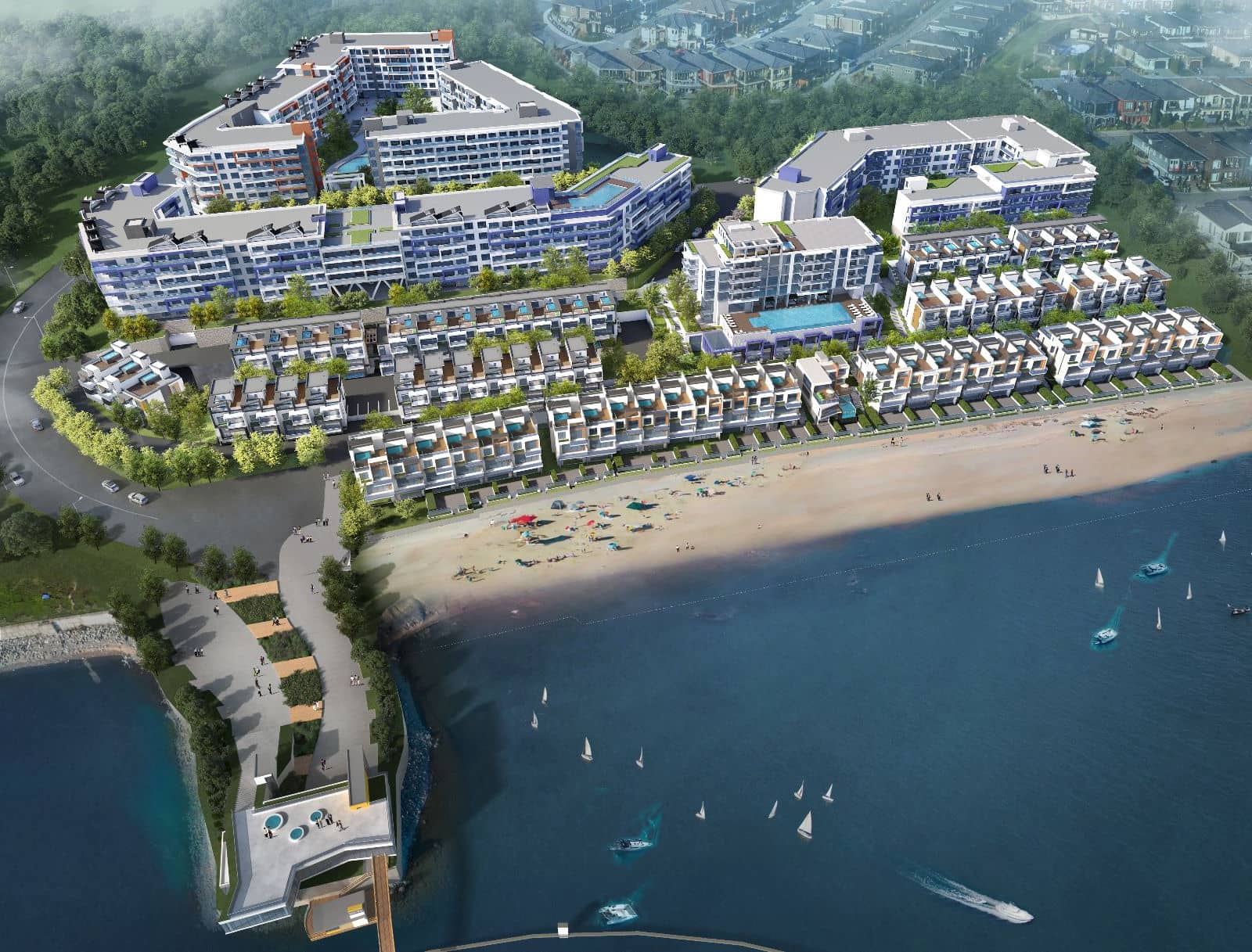 Aerial rendering of Westrich Bay by day: the tower, the villas, the white sand beach and the marina walkway on Okanagan Lake