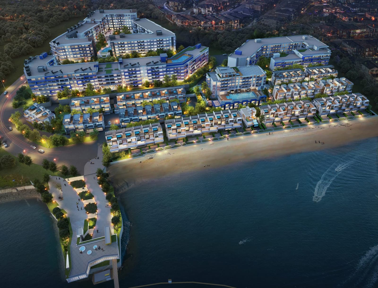 Aerial rendering of Westrich Bay at dusk, lit windows along the villas and the tower above the beach and the marina walkway