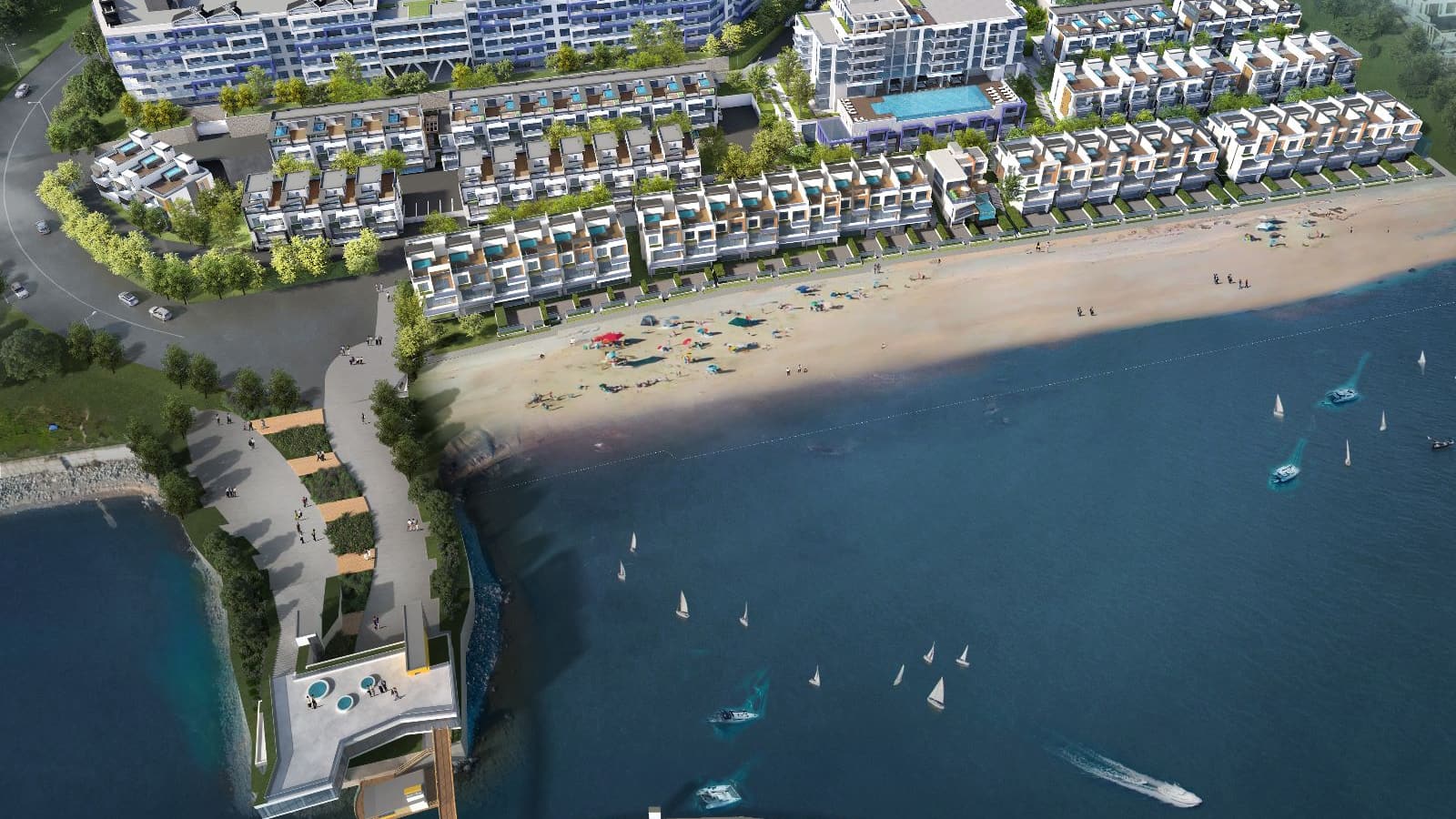 Aerial rendering of the Westrich Bay shoreline: the marina walkway, the white sand beach, the villas and the tower's infinity pool