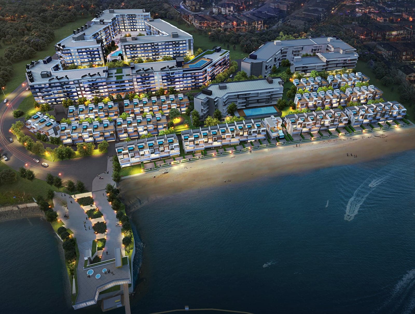 Aerial rendering of Westrich Bay at dusk with the tower, villas, beach and marina
