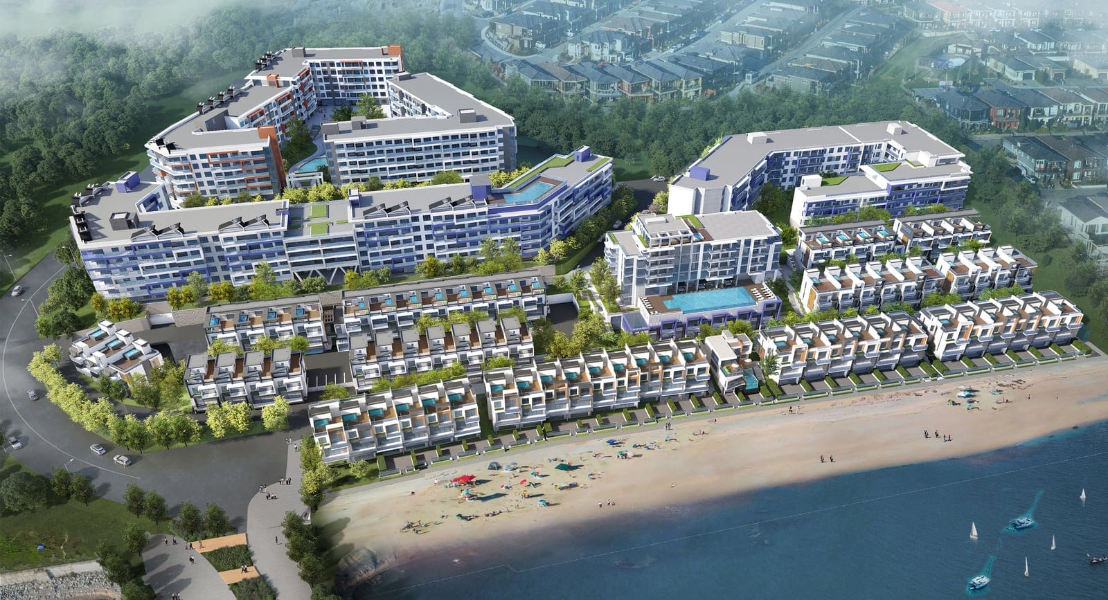 Aerial rendering of the Westrich Bay site with the tower, villas and white sand beach