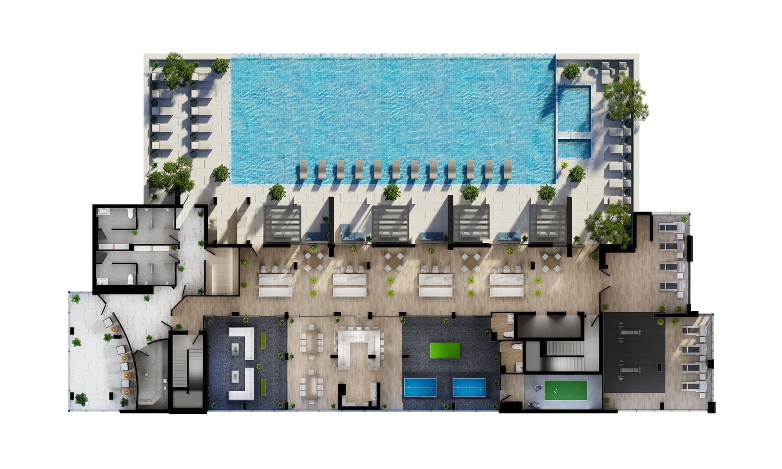 Rendered plan of the amenity level with the infinity pool, sundeck and residents’ rooms