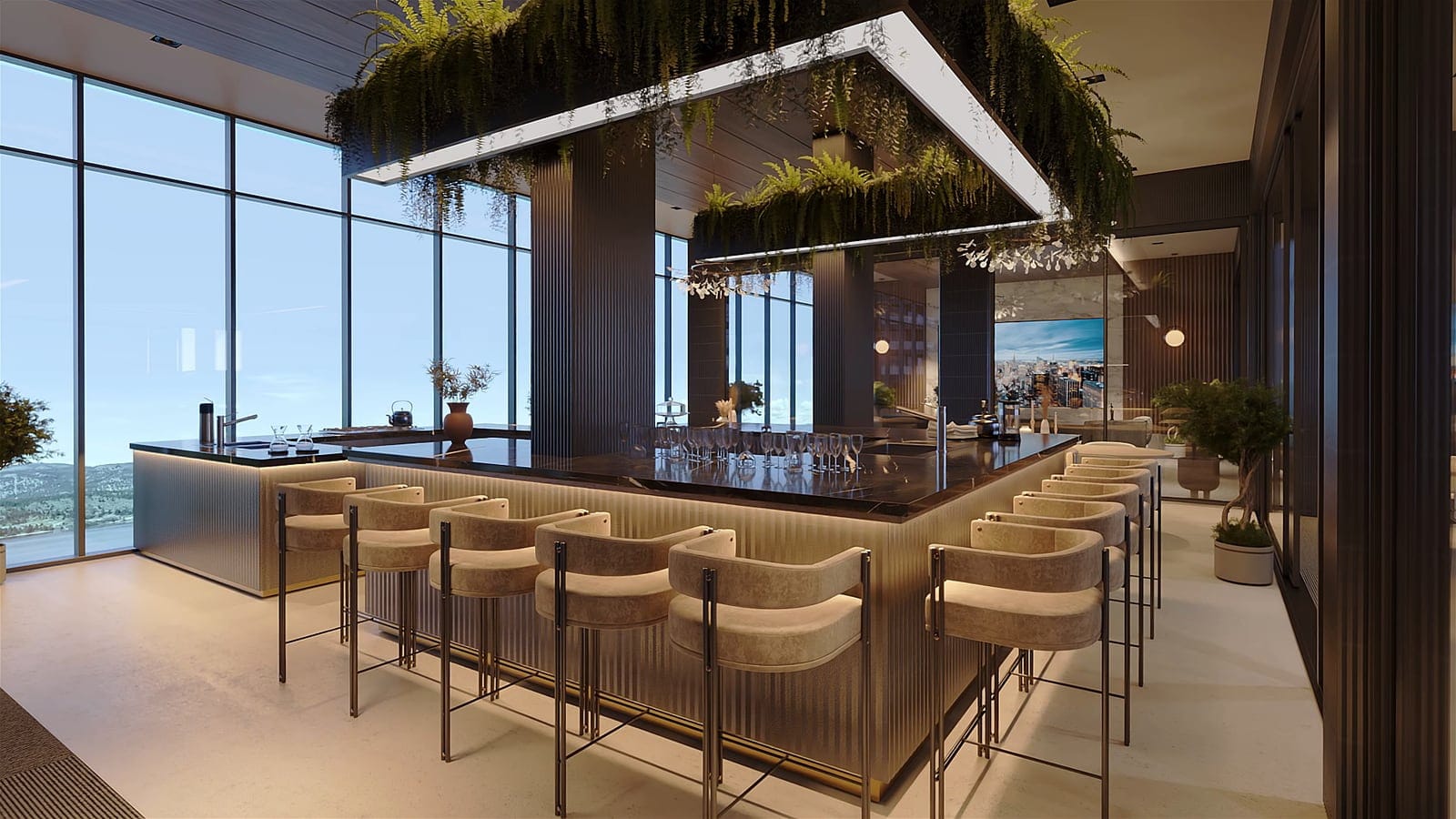 The residents’ lounge bar with upholstered stools under a planted ceiling, and lake views through floor-to-ceiling windows