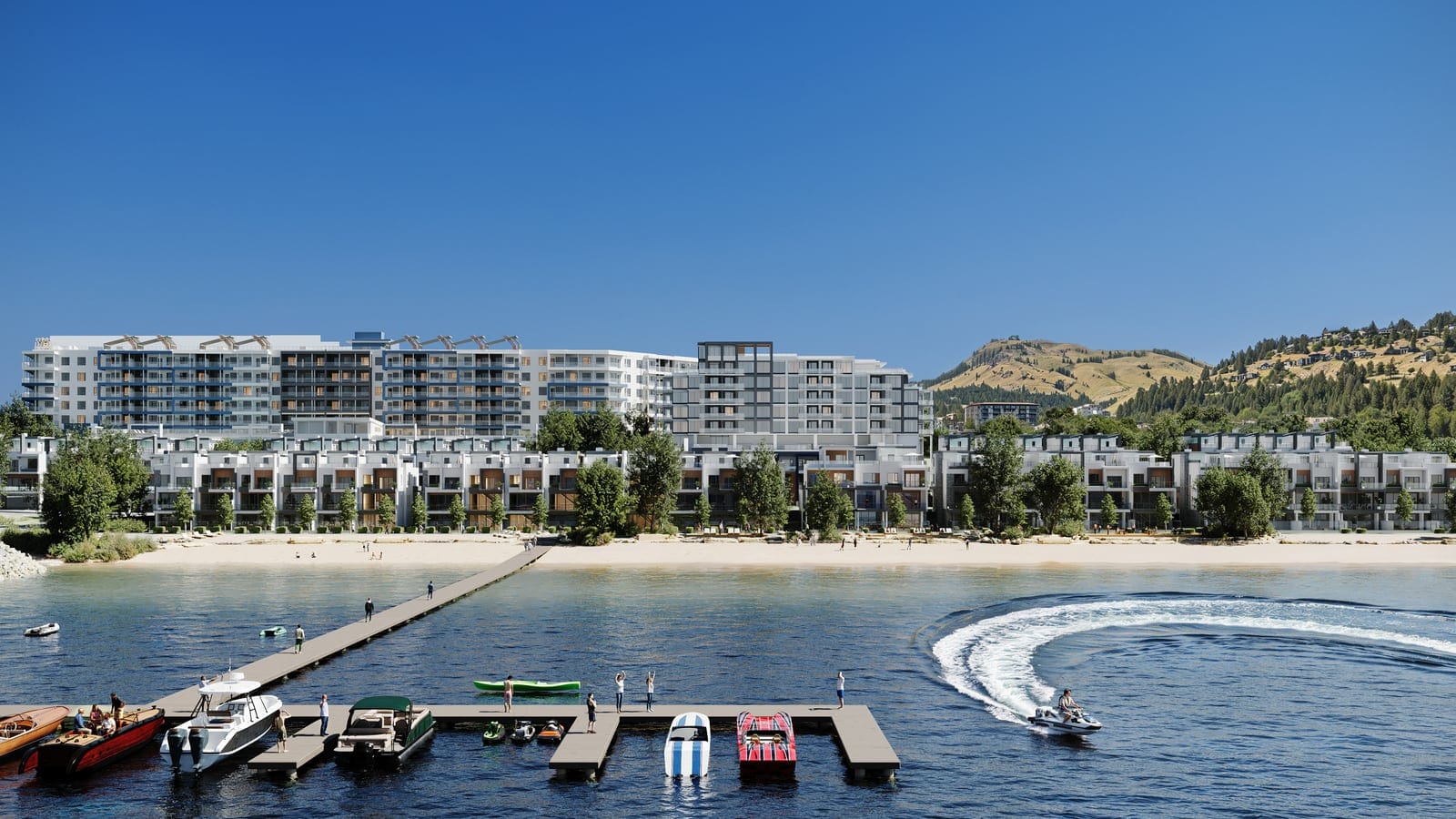 Boats, paddleboards and a jet ski at the Westrich Bay marina, with the villas and the Waterfront Tower beyond
