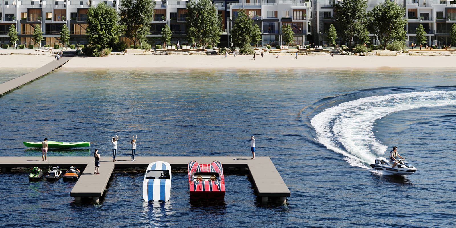 People on the docks of the Westrich Bay marina with paddleboards and a jet ski, the villas beyond