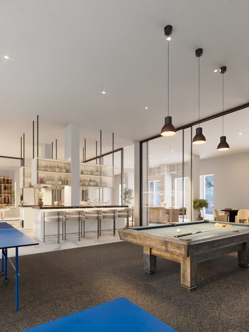 Residents’ games room with a pool table, table tennis and a bar
