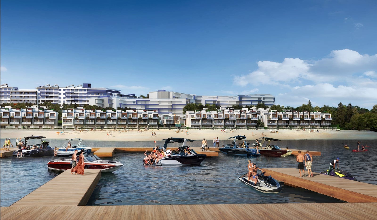Boats and jet skis at the Westrich Bay marina in front of the villas and tower