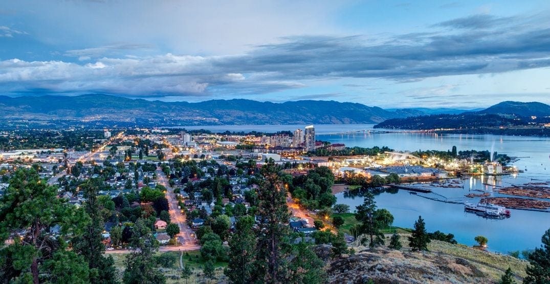 Downtown Kelowna and Okanagan Lake at dusk