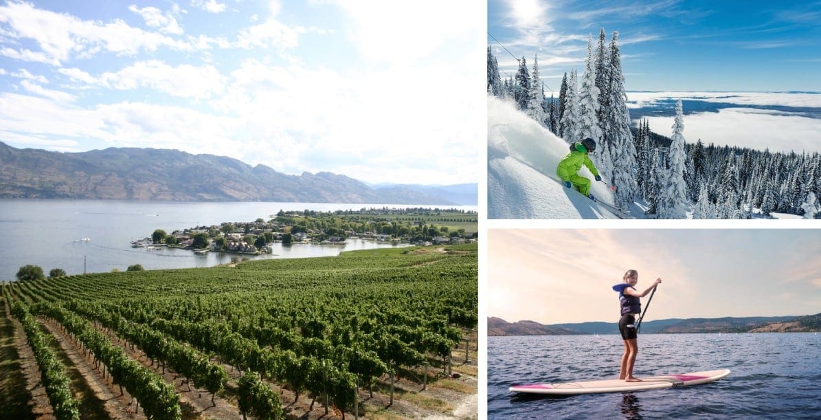 Vineyard beside Okanagan Lake, skiing in fresh powder and paddleboarding on the lake