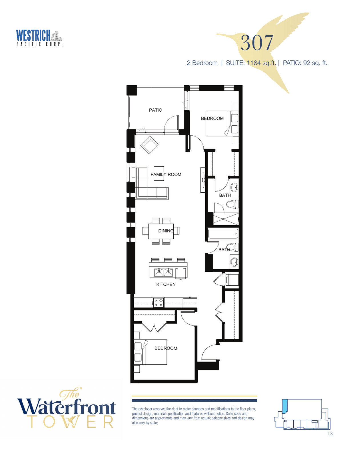307 floor plan, a two-bedroom suite in the Waterfront Tower