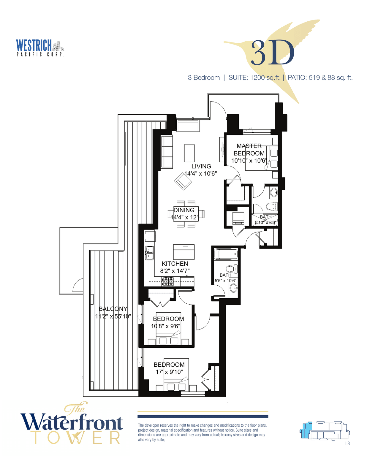 3D floor plan, a three-bedroom suite in the Waterfront Tower