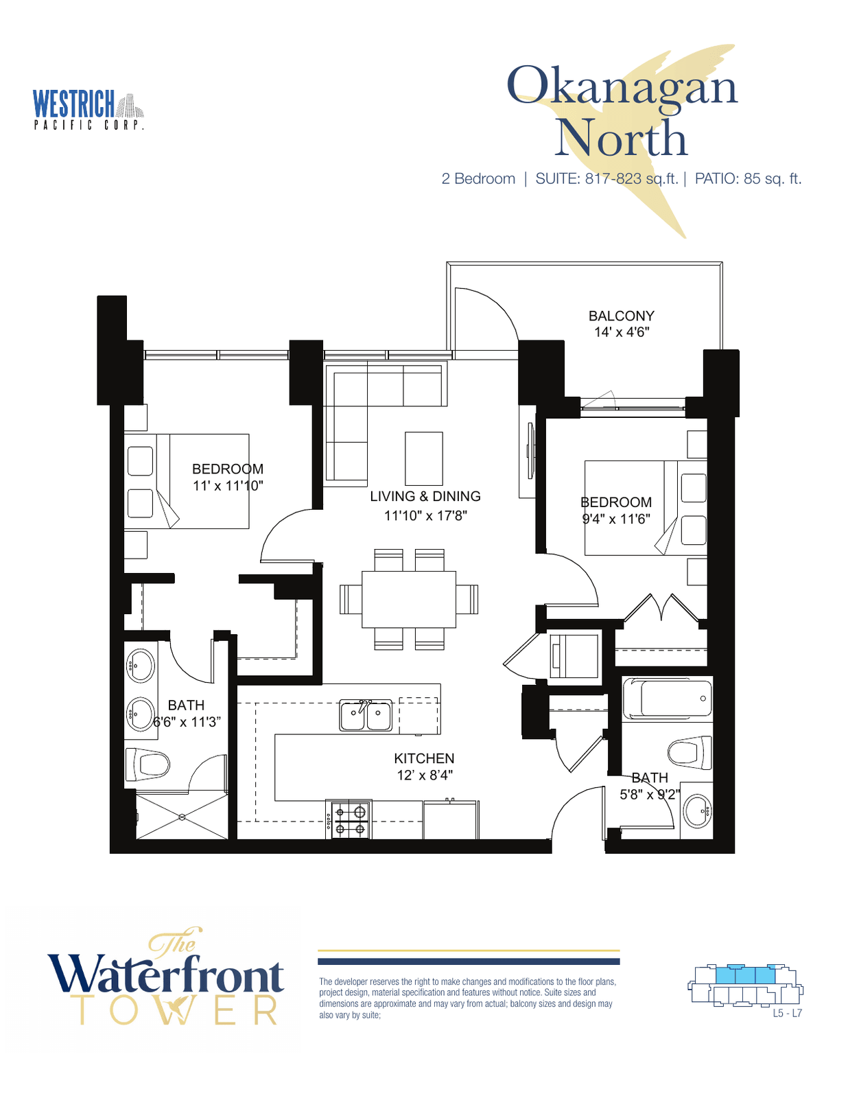 Okanagan floor plan (the linked PDF is titled Okanagan North), a two-bedroom suite in the Waterfront Tower