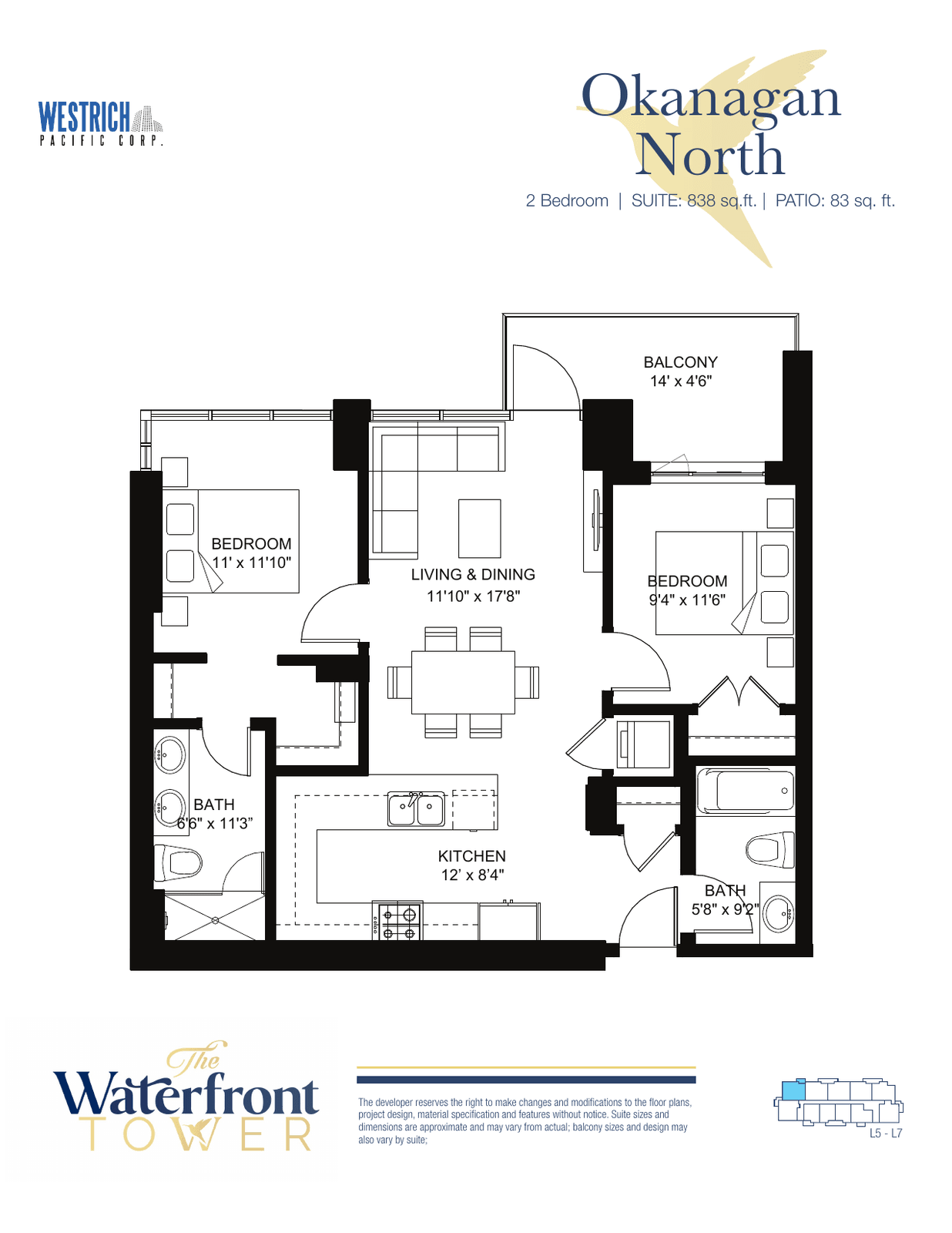 Okanagan North floor plan, a two-bedroom suite in the Waterfront Tower