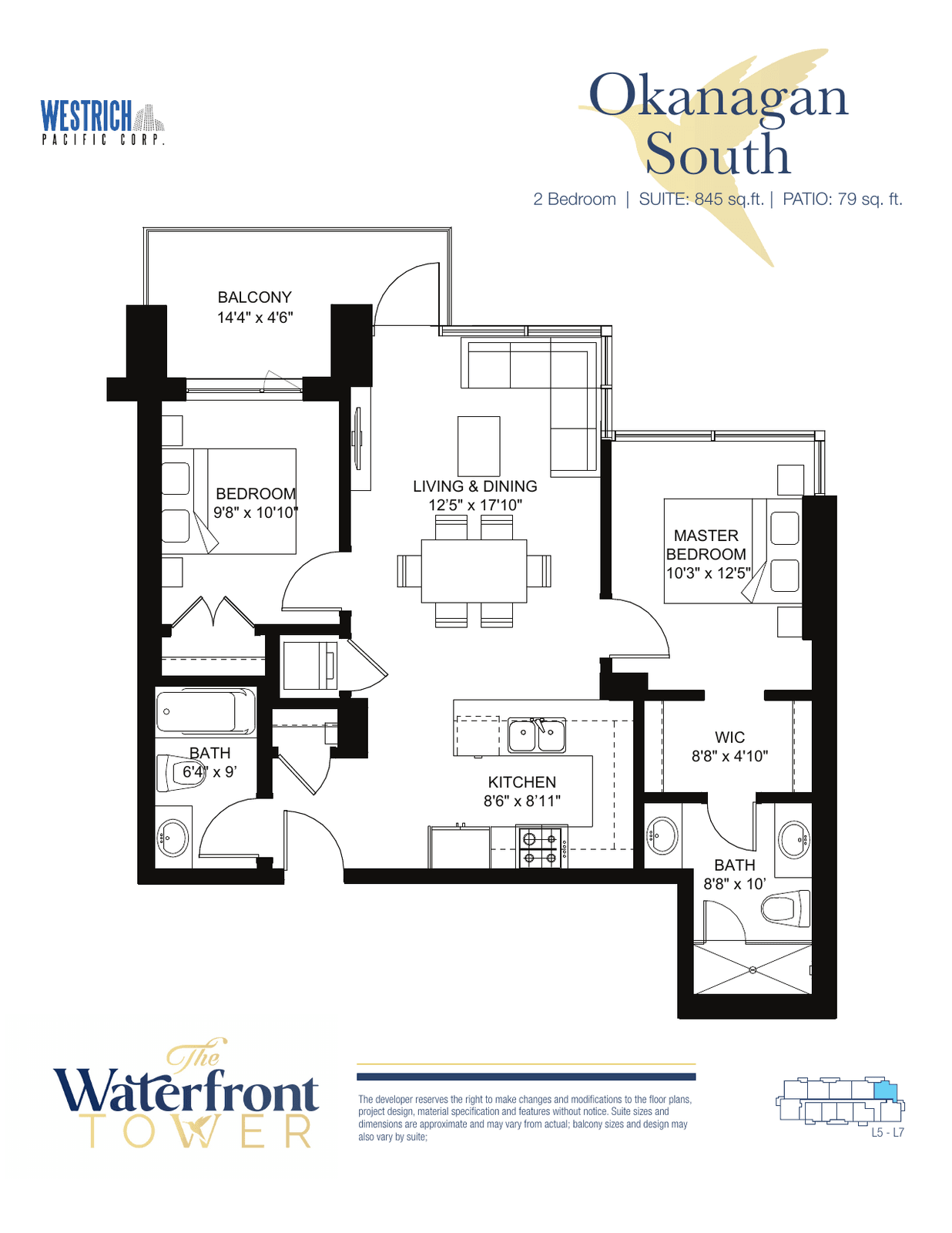 Okanagan South floor plan, a two-bedroom suite in the Waterfront Tower