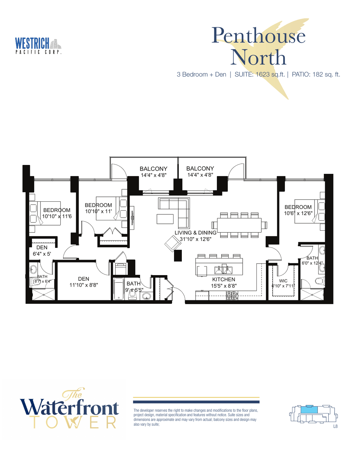 Penthouse North floor plan, a three-bedroom plus den suite in the Waterfront Tower