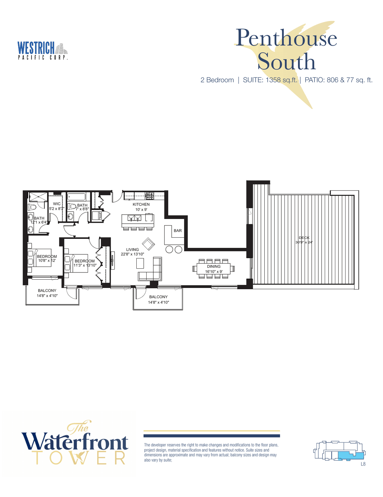 Penthouse South floor plan: two bedrooms, 1,358 sq ft suite