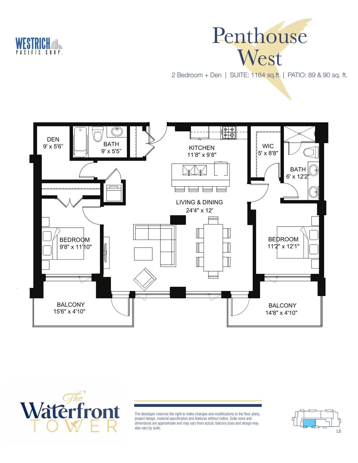 Penthouse West floor plan: two bedrooms plus den, 1,164 sq ft suite