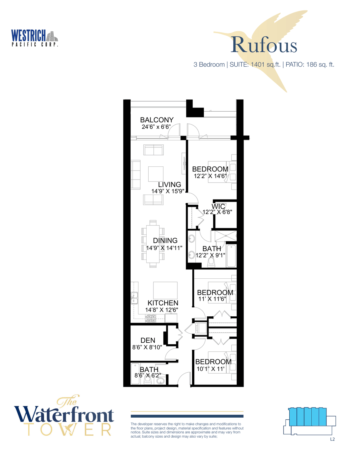 Rufous floor plan, a three-bedroom suite in the Waterfront Tower