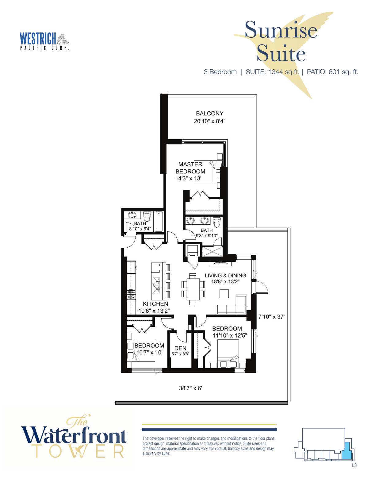 Sunrise Suite floor plan, a three-bedroom suite in the Waterfront Tower
