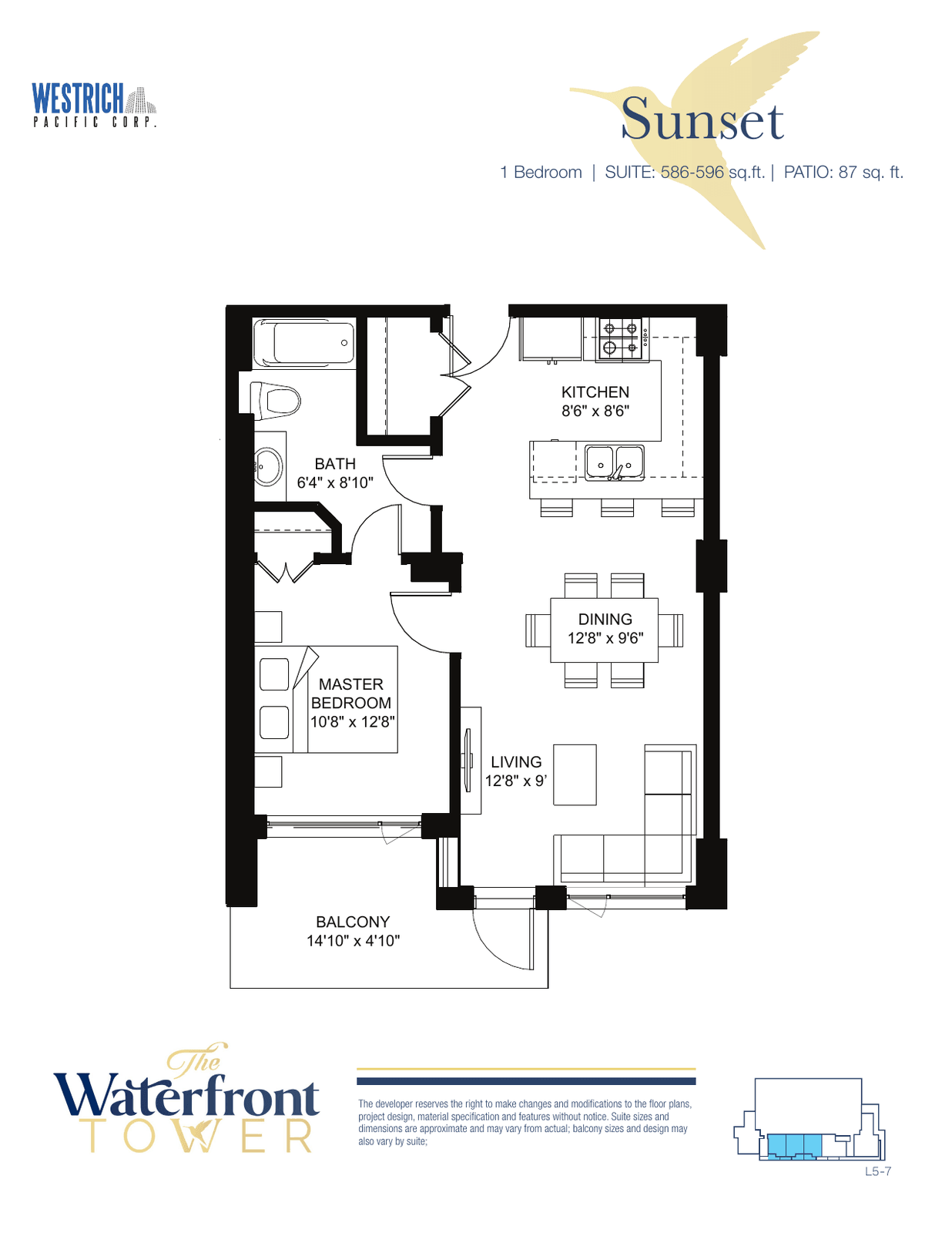 Sunset floor plan, a one-bedroom suite in the Waterfront Tower