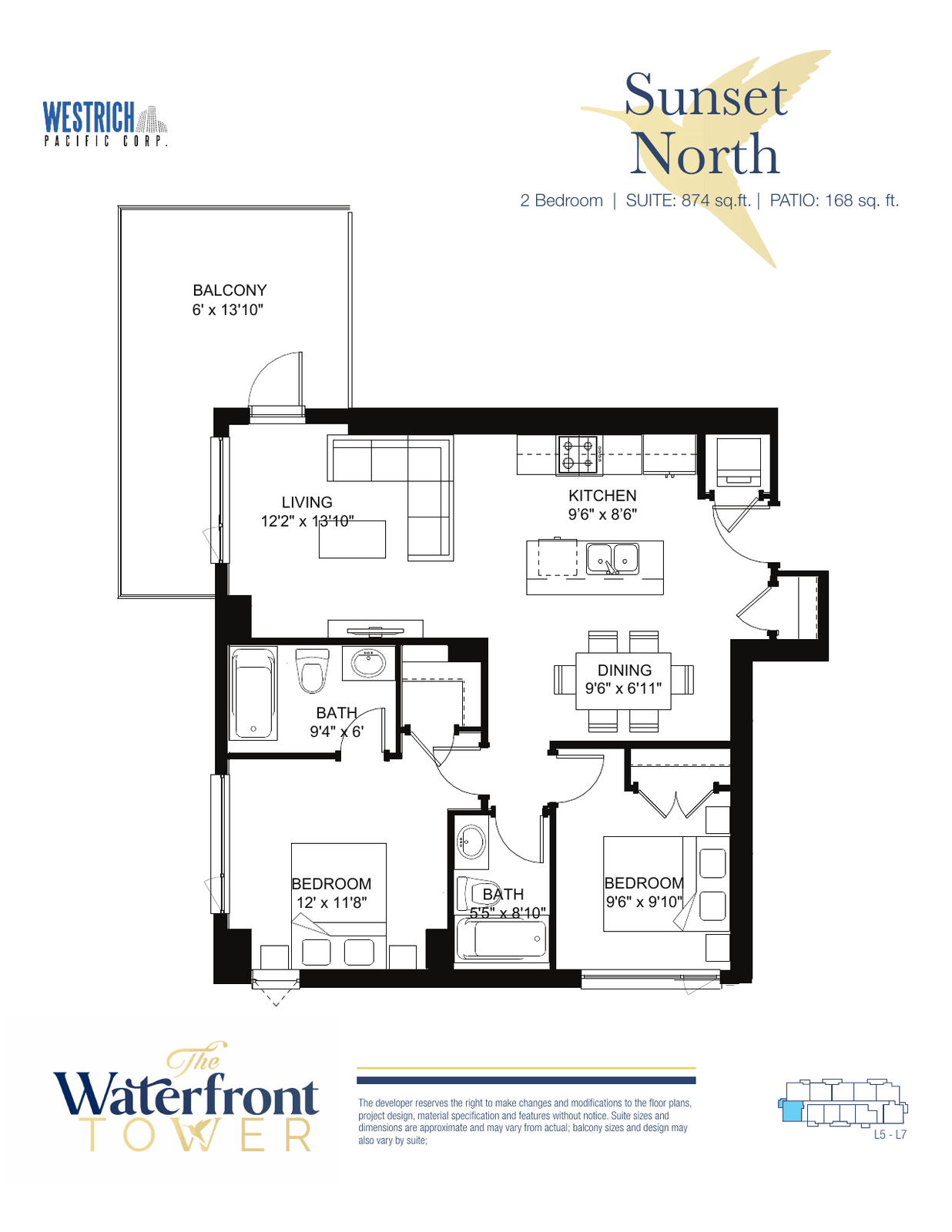 Sunset North floor plan, a two-bedroom suite in the Waterfront Tower