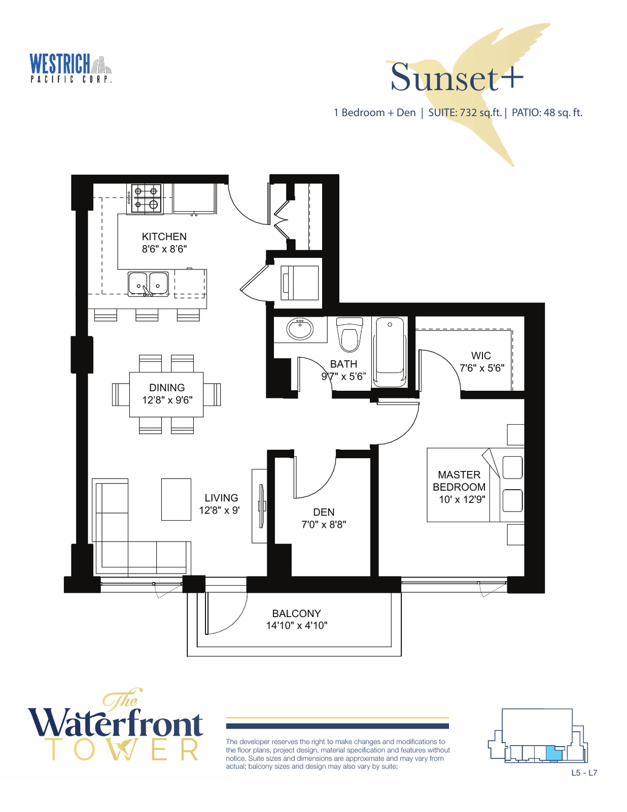 Sunset+ floor plan, a one-bedroom plus den suite in the Waterfront Tower