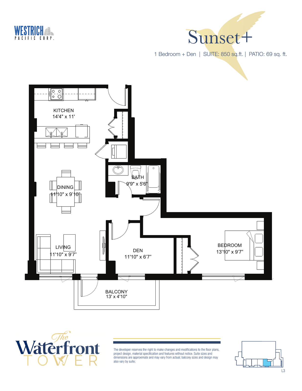 Sunset+ floor plan for level 3, a one-bedroom plus den suite in the Waterfront Tower