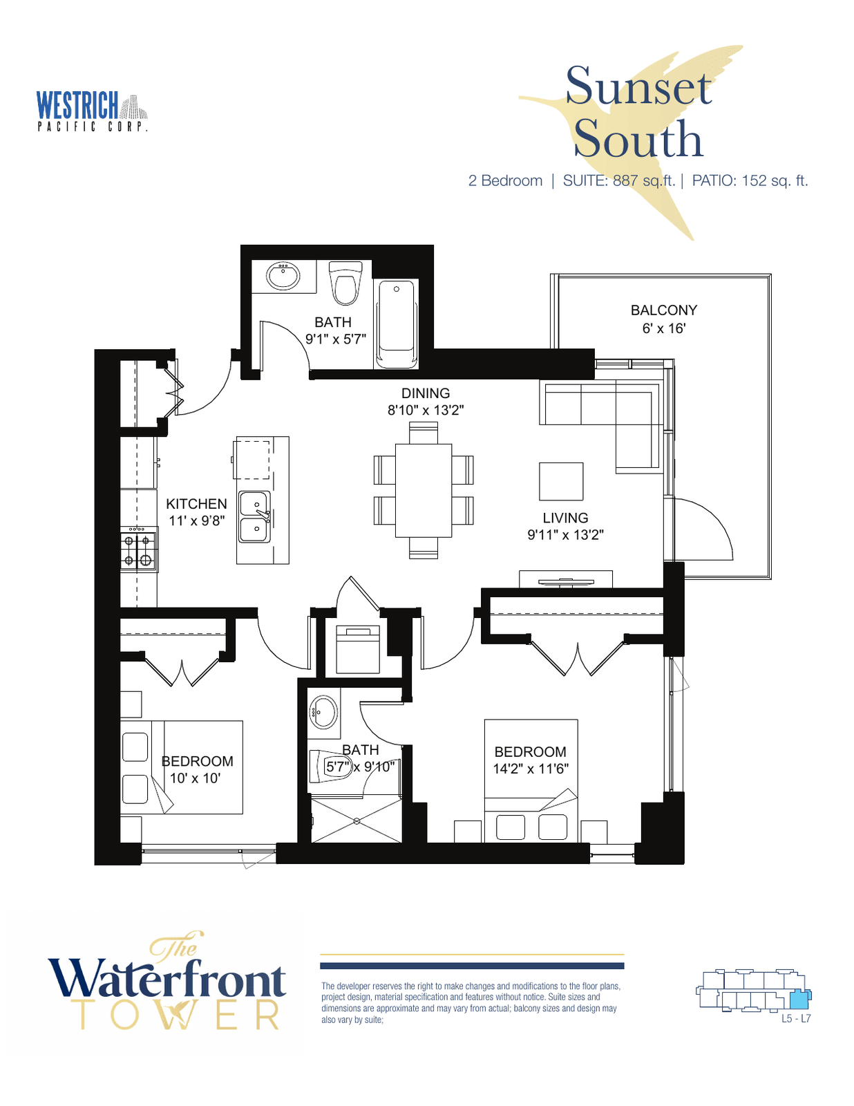 Sunset South floor plan, a two-bedroom suite in the Waterfront Tower