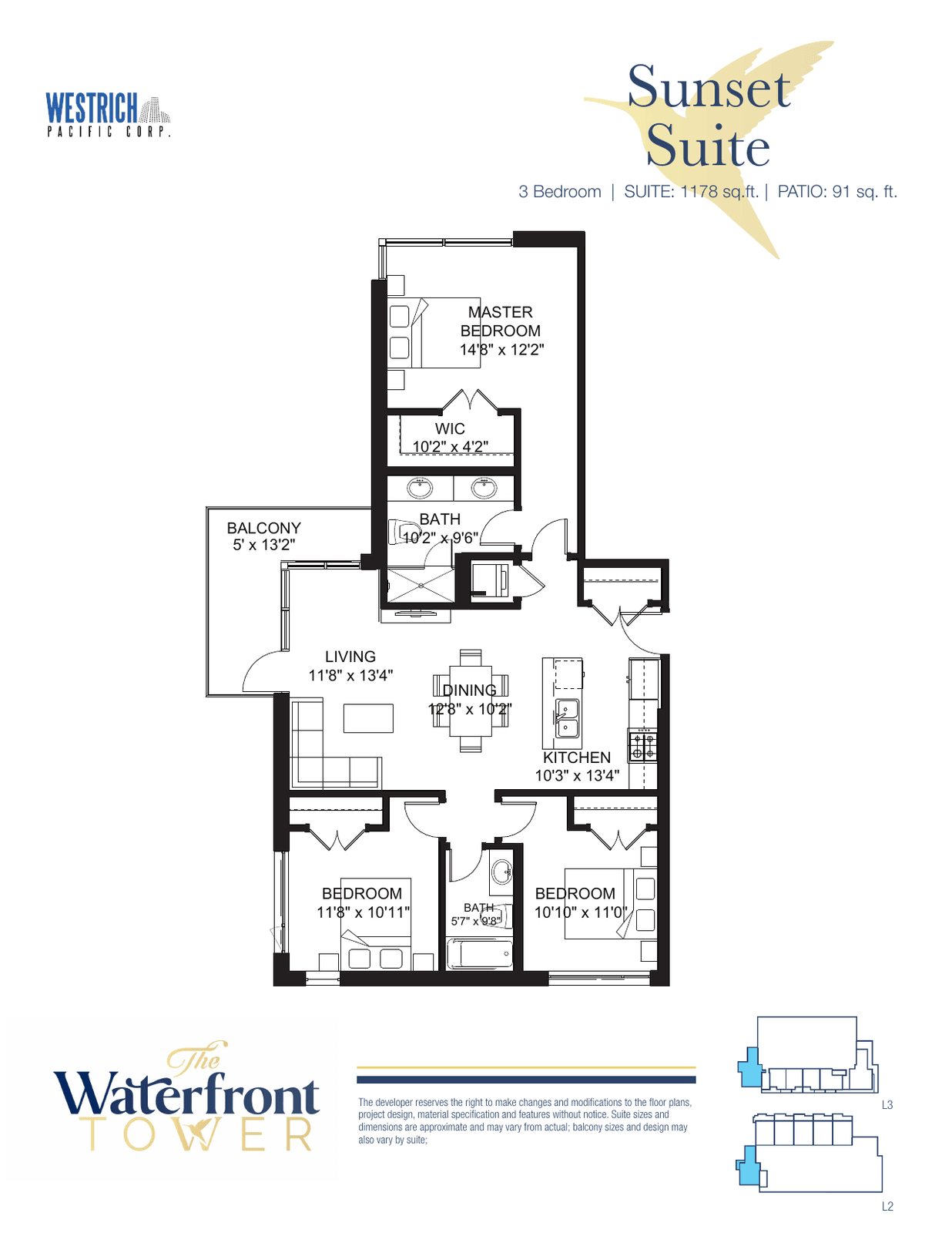 Sunset Suite floor plan, a three-bedroom suite in the Waterfront Tower