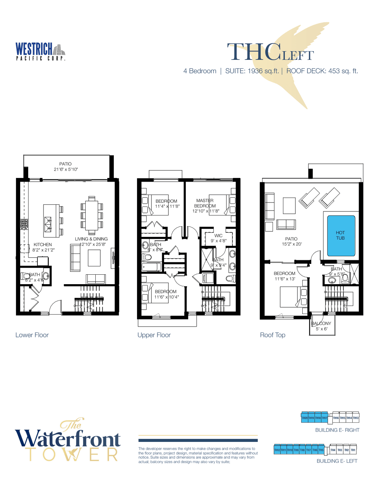 THC Left townhome floor plan, four bedrooms over three levels