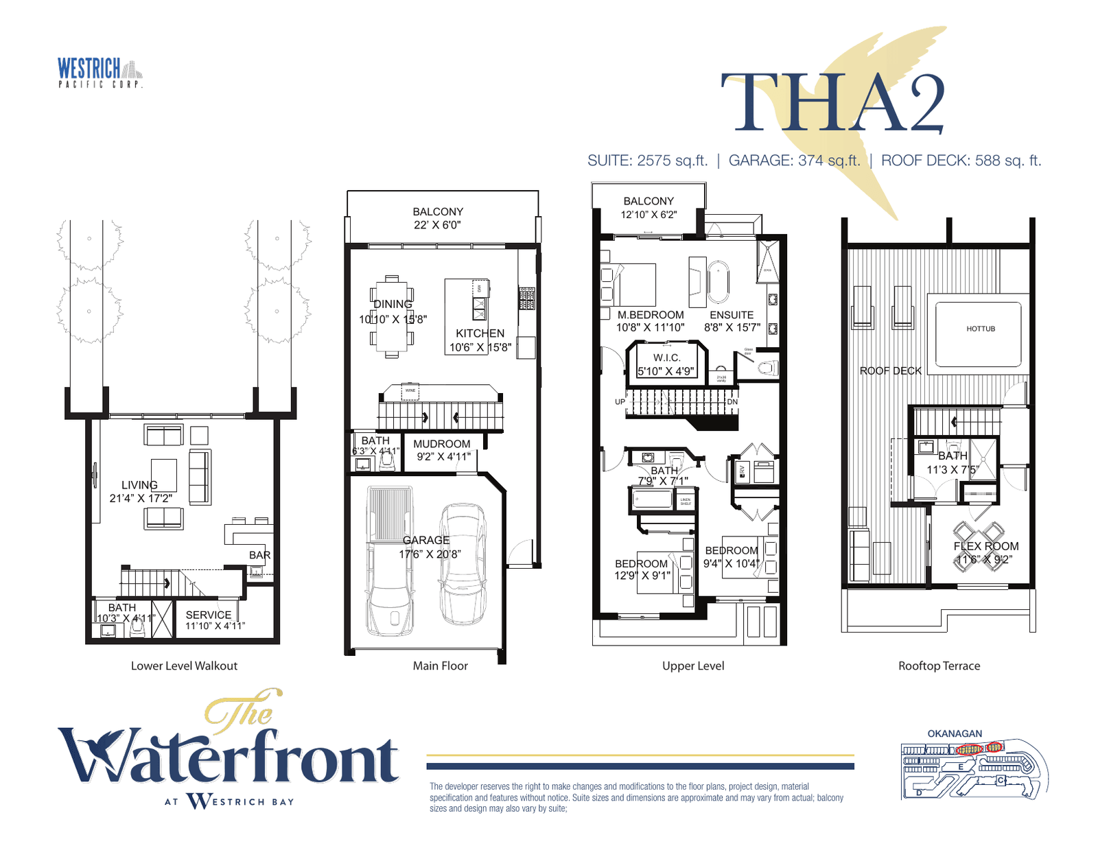 THA2 villa floor plan, Waterfront Row 1: 2,575 sq ft suite, 374 sq ft garage, 588 sq ft roof deck
