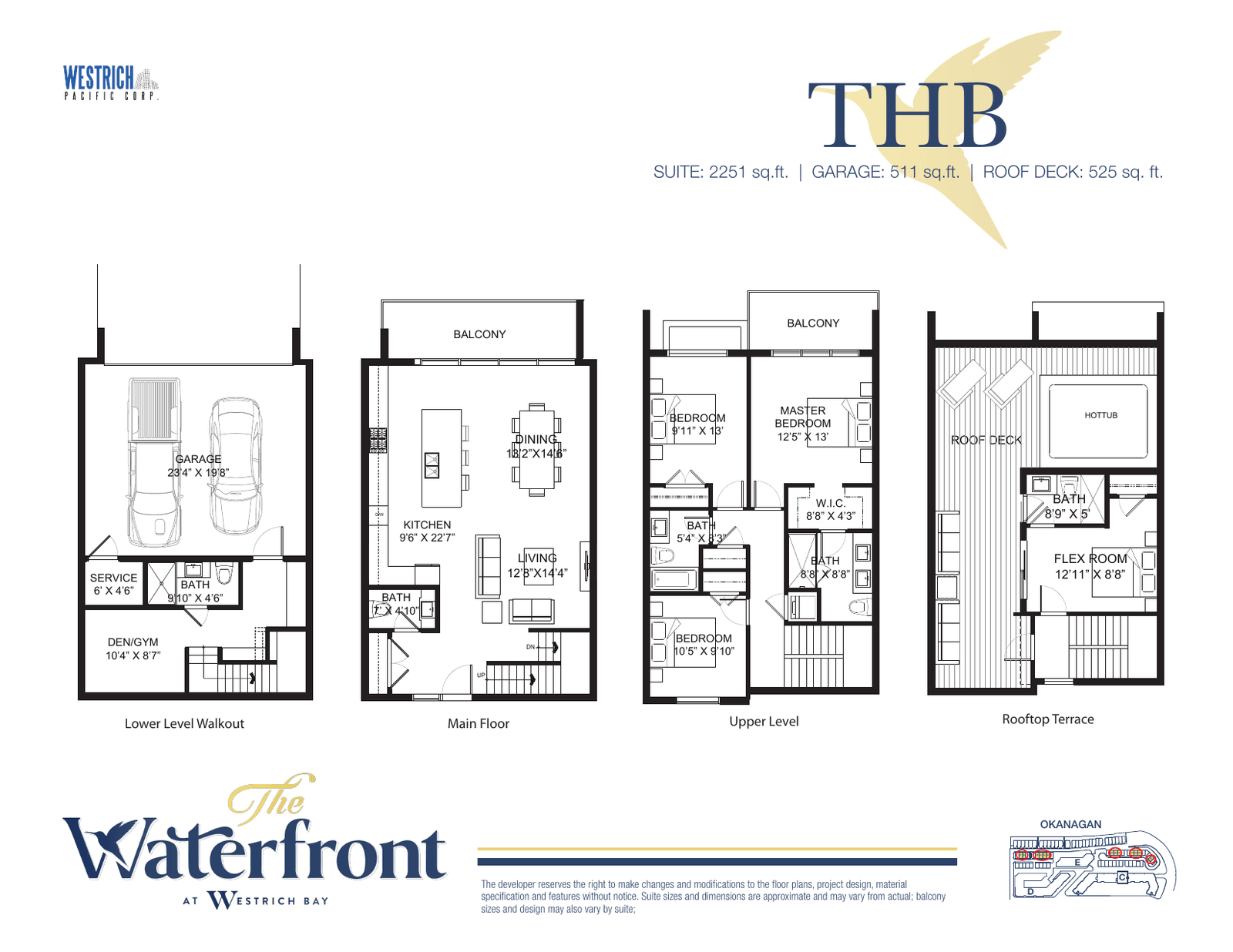 THB villa floor plan, Row 2: 2,251 sq ft suite, 511 sq ft garage, 525 sq ft roof deck