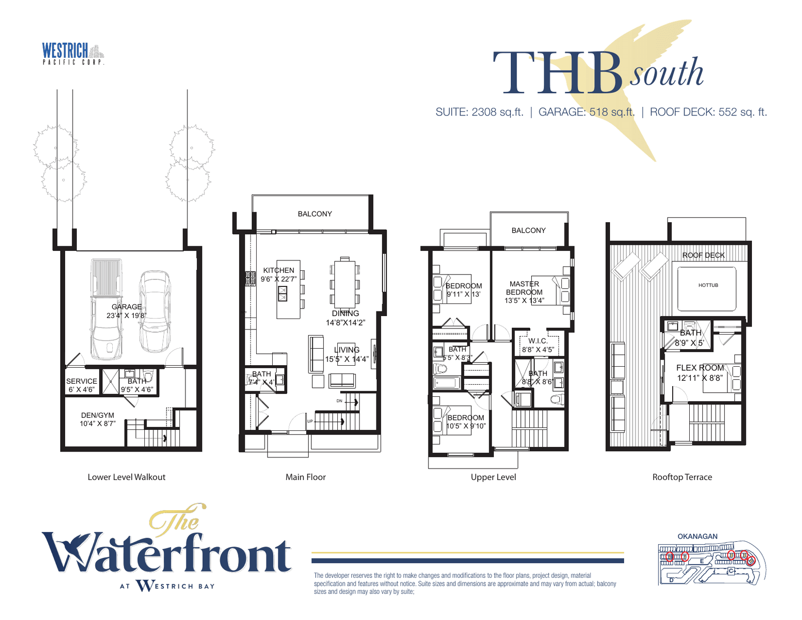 THB South villa floor plan, Row 2: 2,308 sq ft suite, 518 sq ft garage, 552 sq ft roof deck