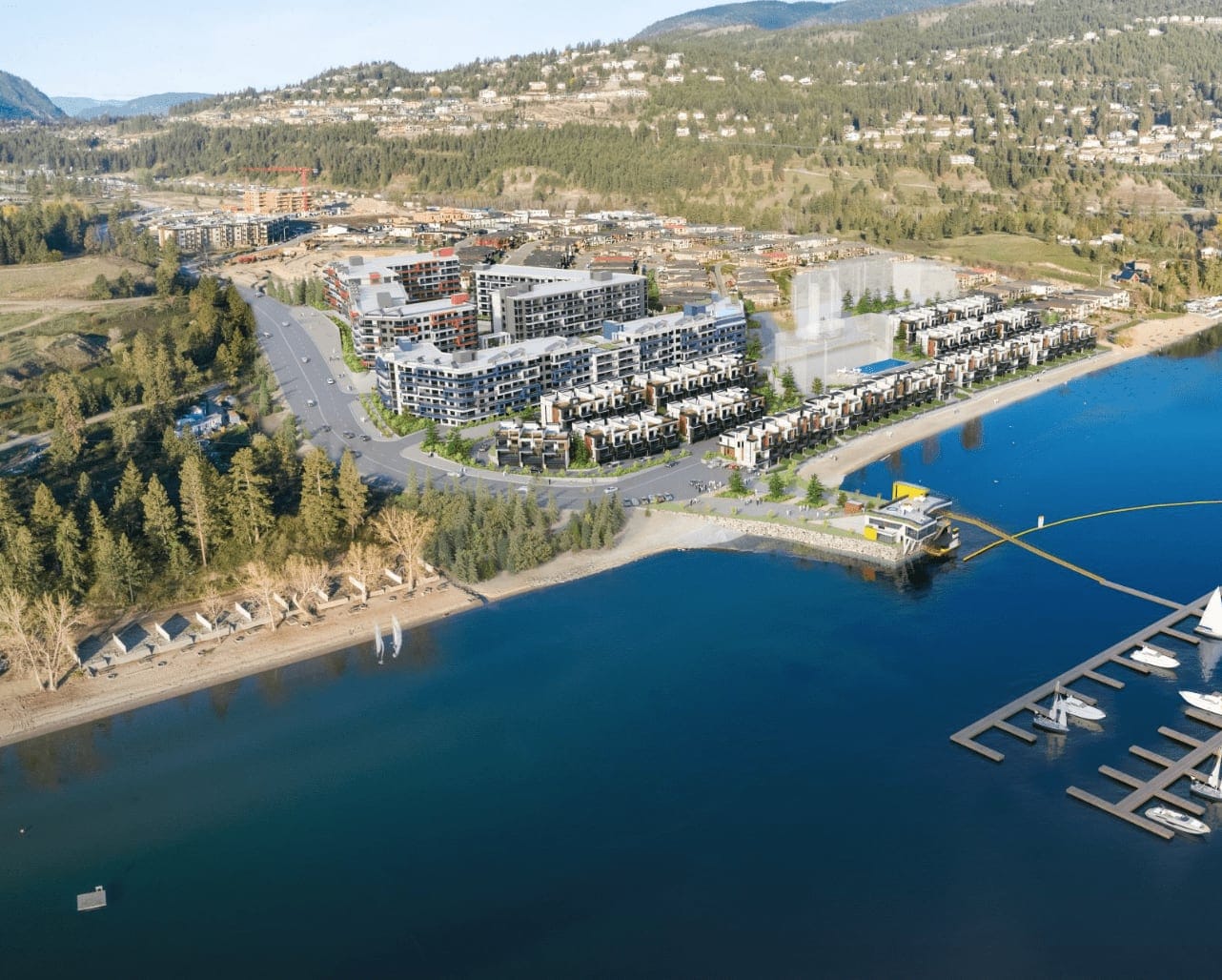 Aerial photo of the Westrich Bay site on Okanagan Lake with the new buildings and marina