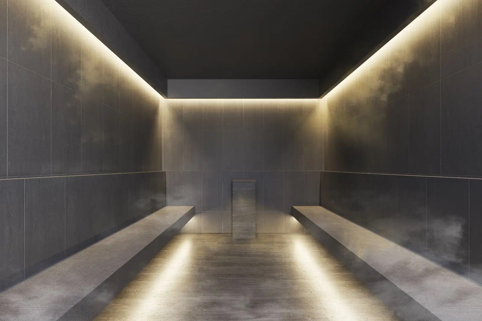 Steam room with lit stone benches