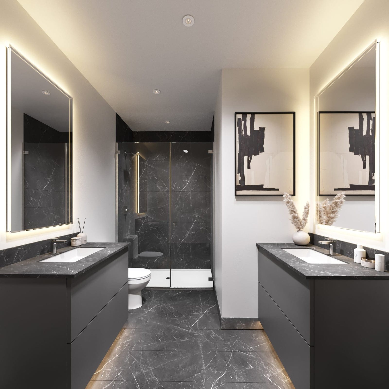Waterfront Tower ensuite in the dark colour scheme with double vanities and a glass shower