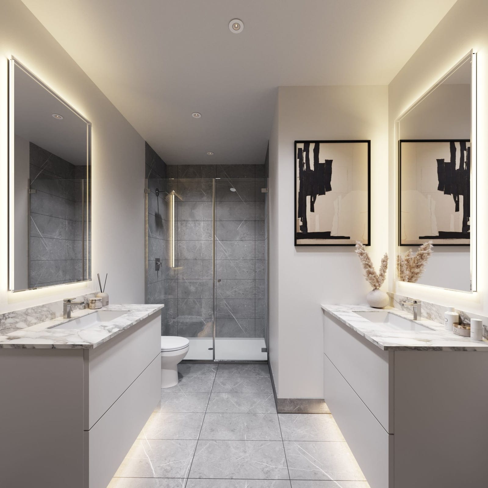 Waterfront Tower ensuite in the light colour scheme with double vanities and a glass shower