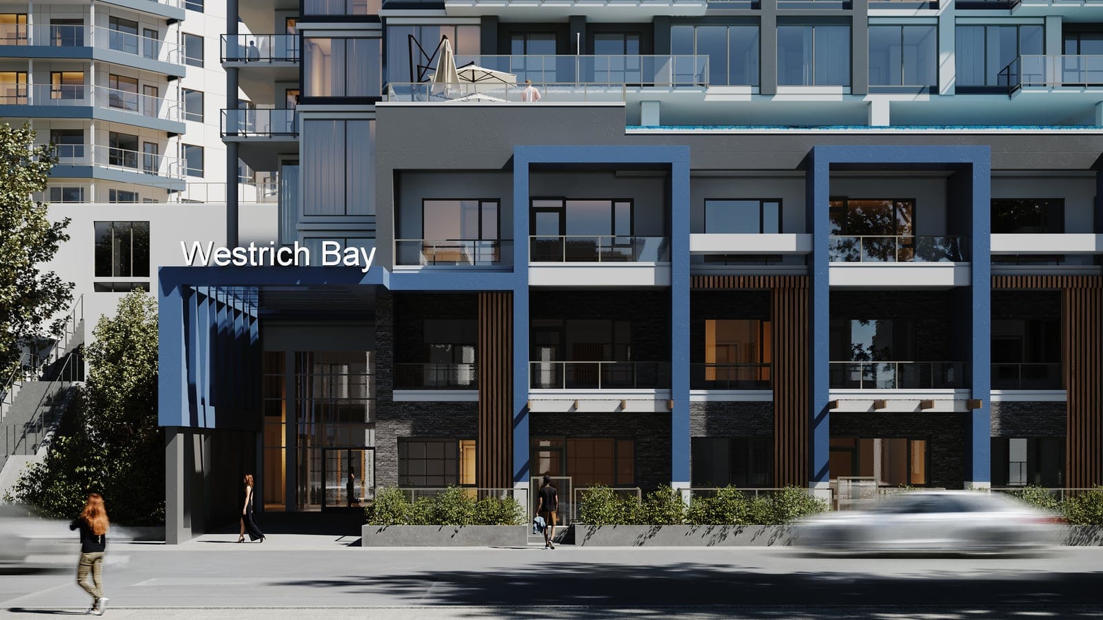 The Waterfront Tower's street entrance under the Westrich Bay sign, beside navy-framed three-storey street-front homes, with the amenity level's pool and terrace above