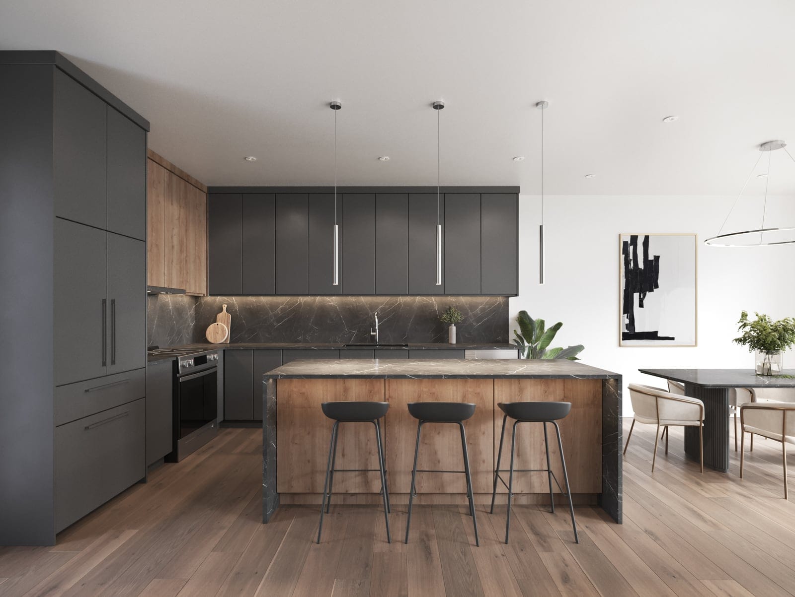 Waterfront Tower kitchen with charcoal and wood cabinets, a dark marble backsplash and a waterfall island with three bar stools