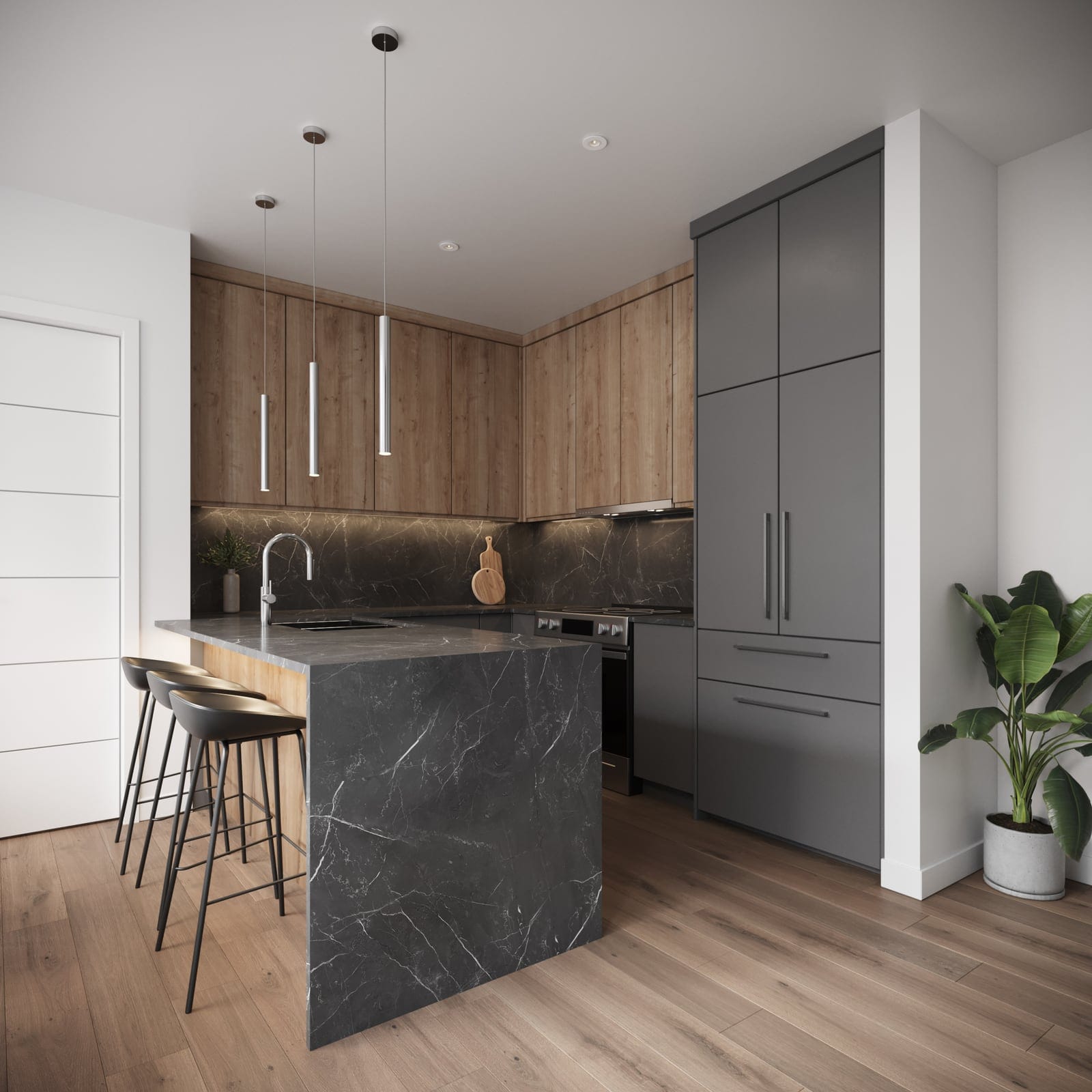 Waterfront Tower kitchen with walnut and grey cabinets and a dark stone waterfall island
