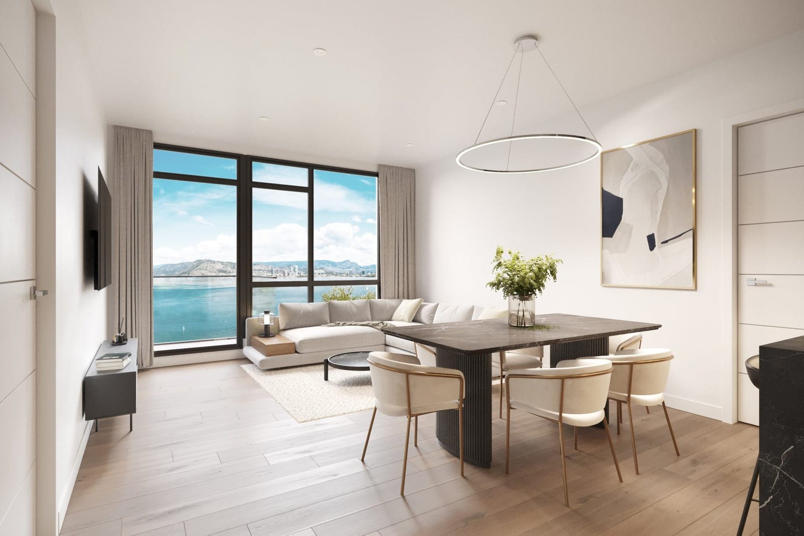 Waterfront Tower living and dining room in the dark colour scheme with lake views