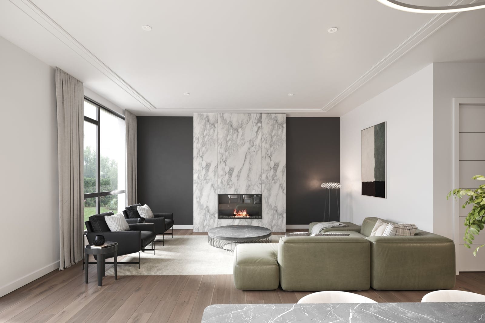 Waterfront Tower living room with a white marble fireplace, an olive leather sectional and tall windows