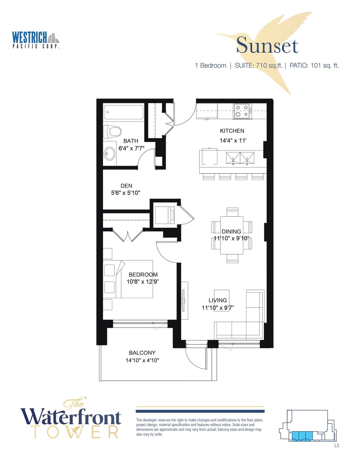 Sunset floor plan for level 3, a one-bedroom suite in the Waterfront Tower