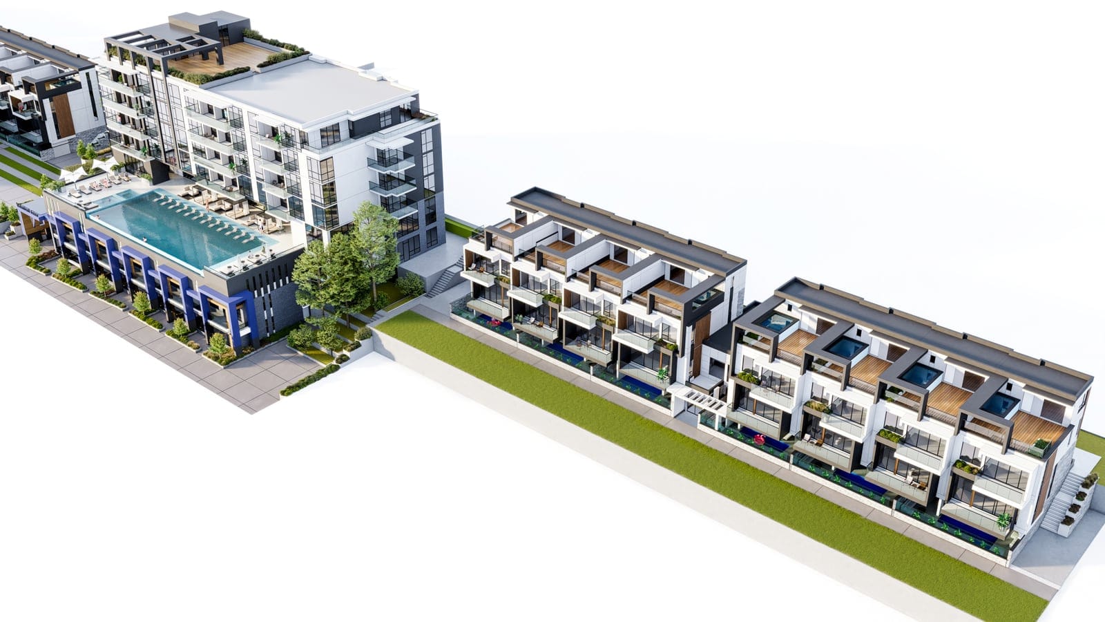 Rendering of the Waterfront Townhomes and Waterfront Tower with rooftop terraces and pool