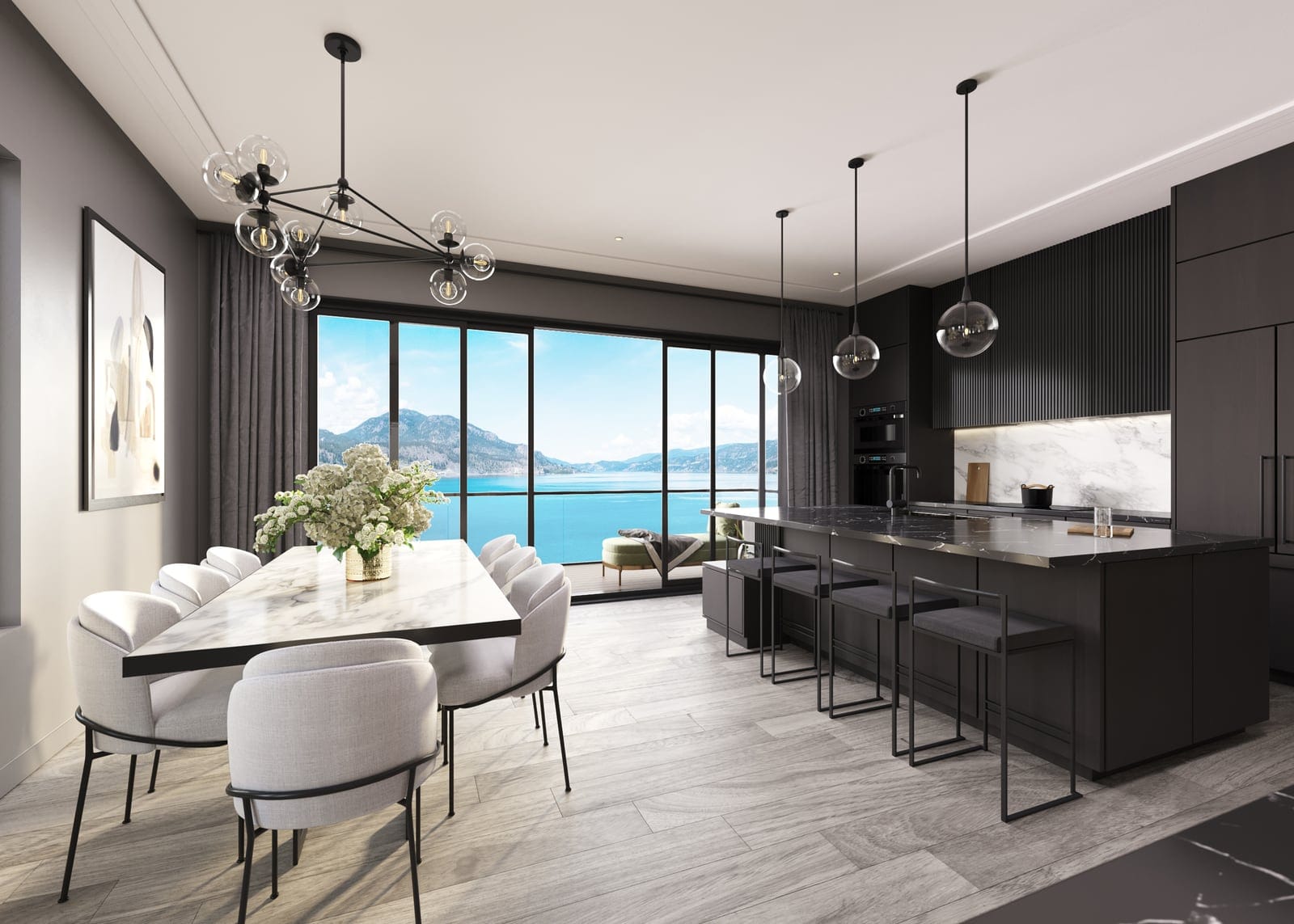 Villa kitchen and dining area in the Onyx colour package with floor-to-ceiling windows