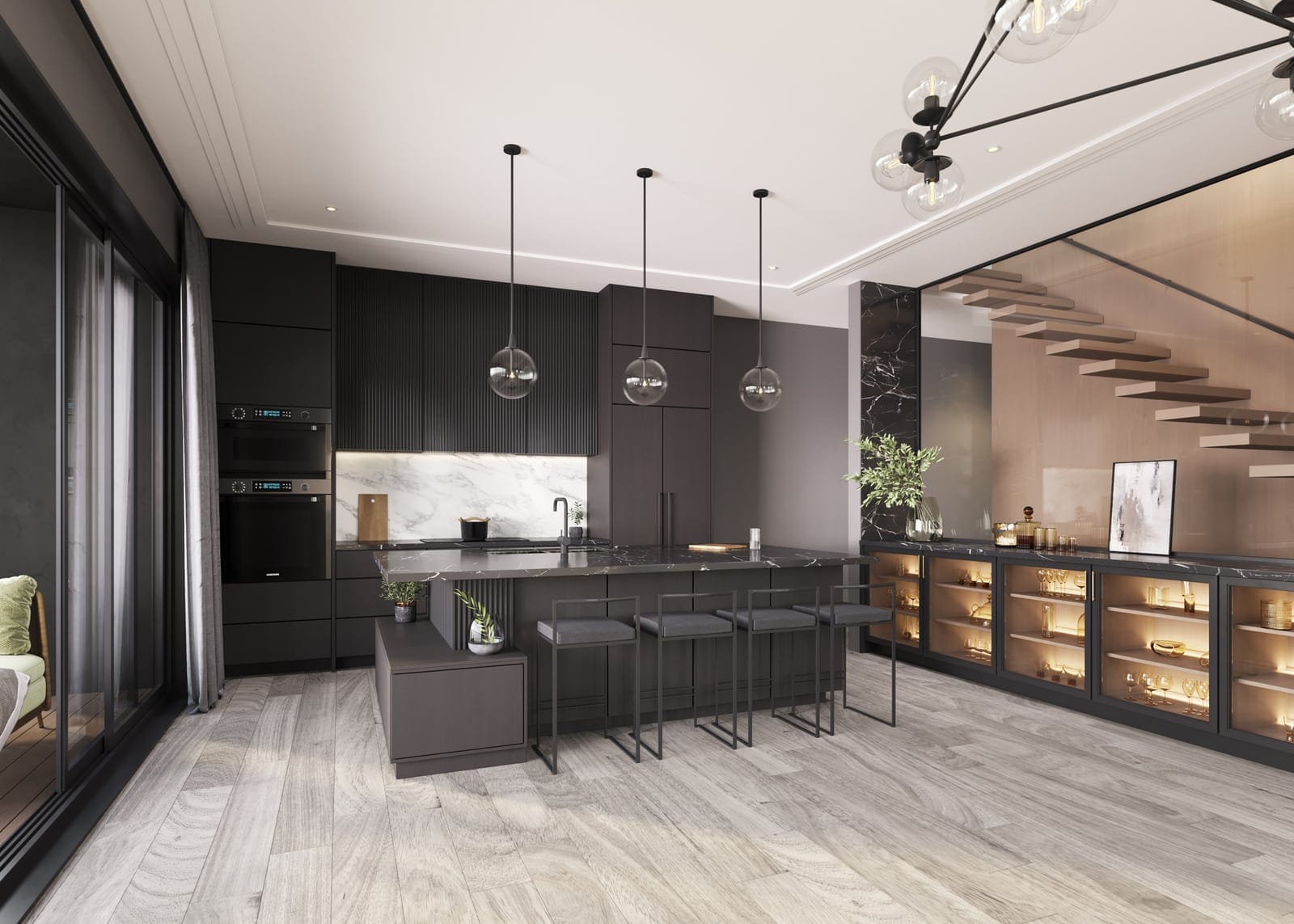 Villa kitchen in the Onyx colour package with a stone island, a floating staircase and a lit wine display