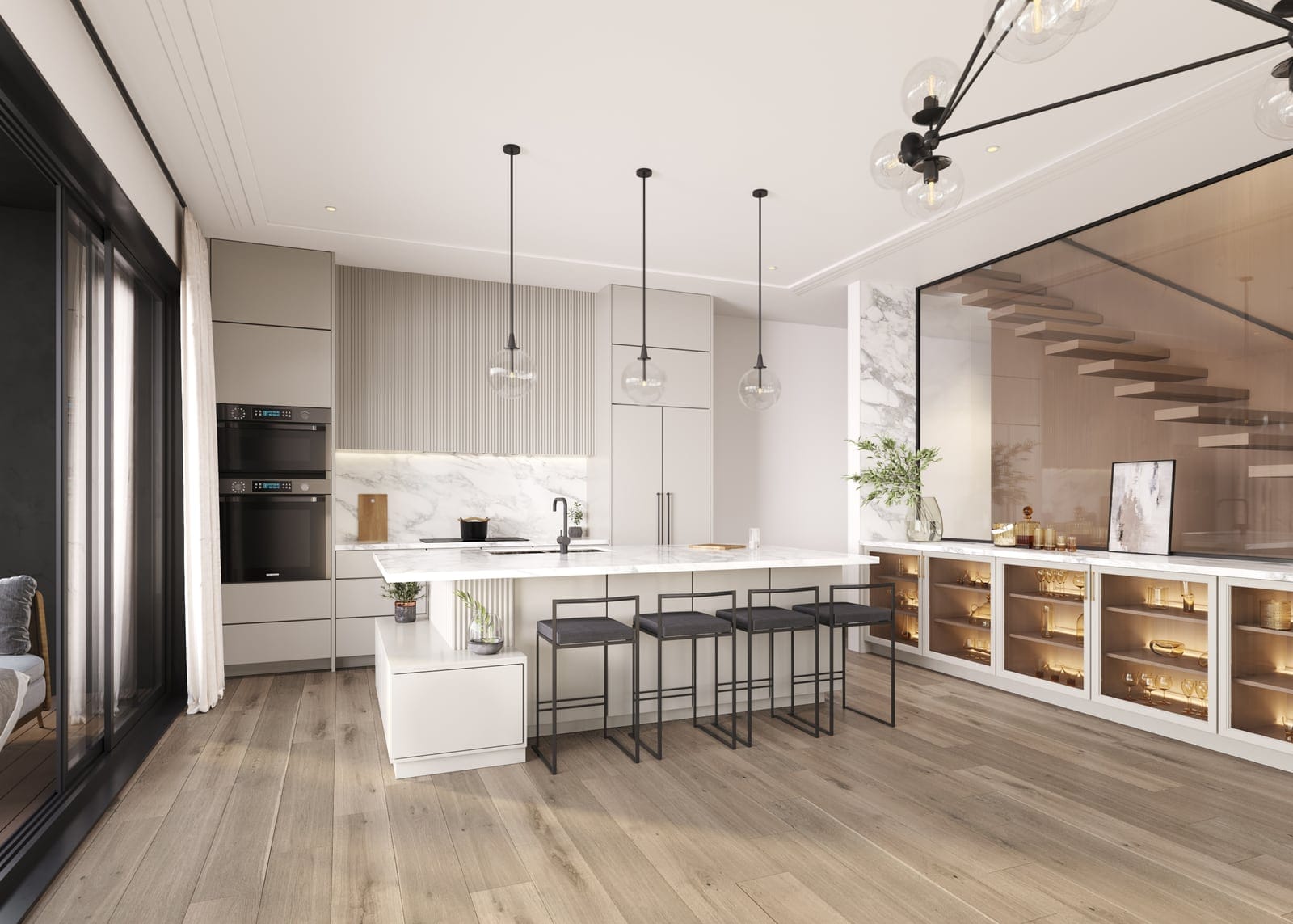 Villa kitchen in the Pearl colour package with a floating staircase behind glass