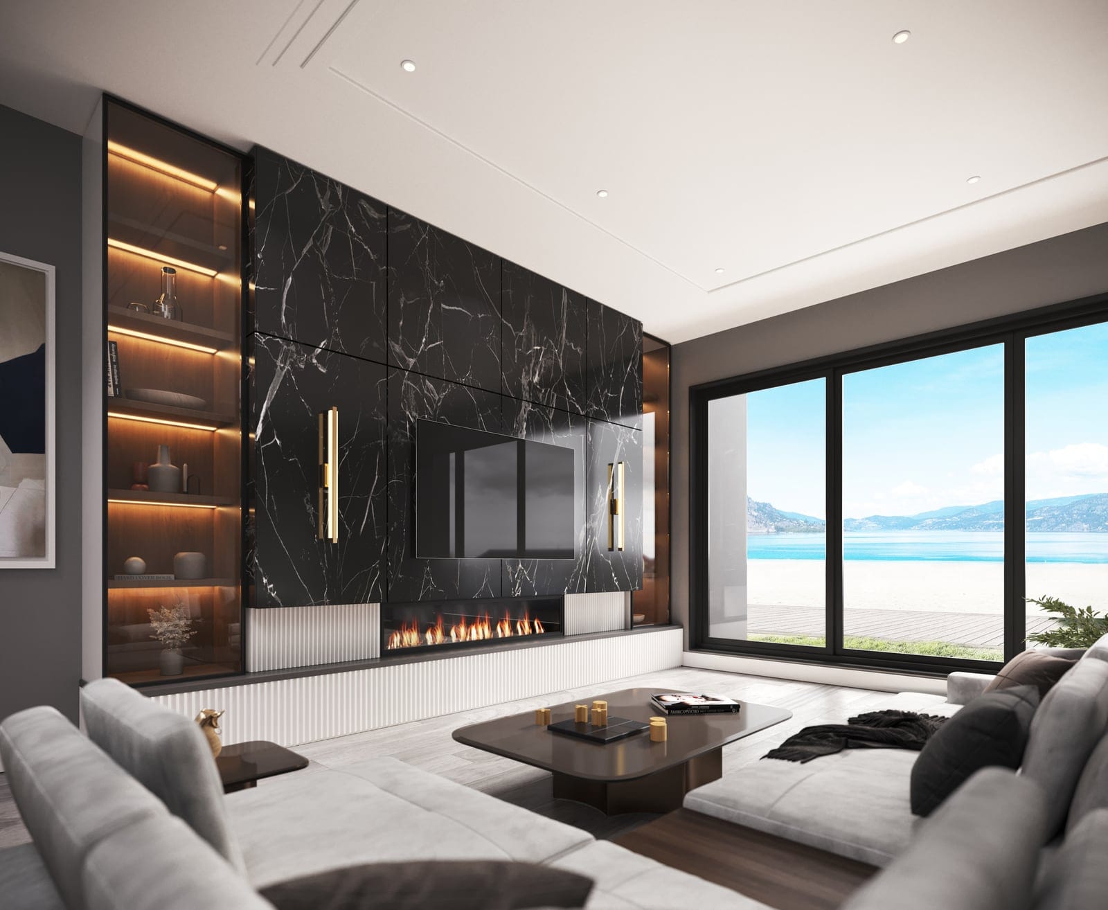Villa living room in the dark colour scheme with a black marble fireplace wall and lake view