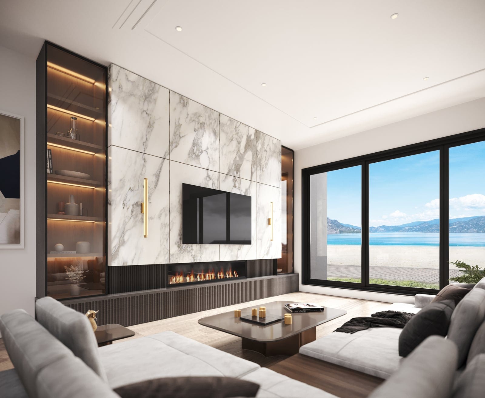 Villa living room in the Pearl colour package with a white marble fireplace wall and lake views