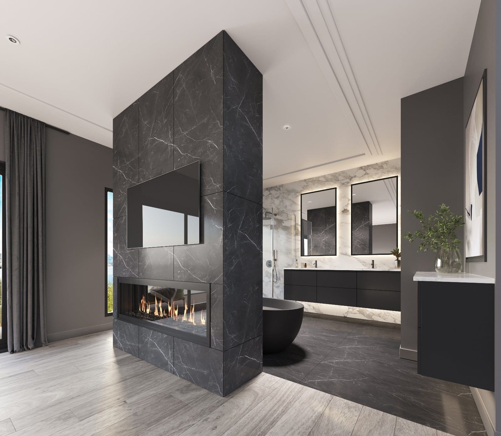 Villa primary suite in the Onyx colour package with a stone double-sided fireplace and freestanding tub
